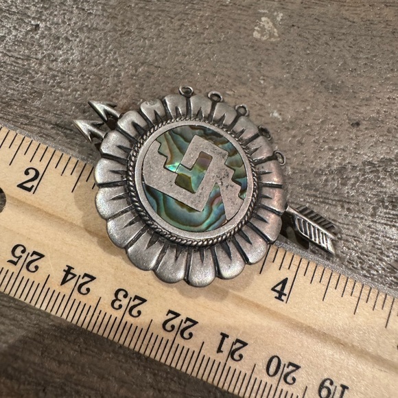 Vintage Signed 925 Sterling Silver Mexico Abalone Shell Arrows Tribal Pin/Brooch - Picture 4 of 9